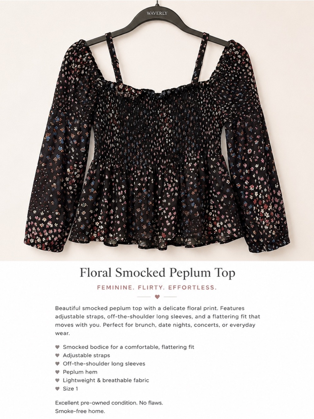 Waverly Black Floral Smocked Peplum Blouse with Straps